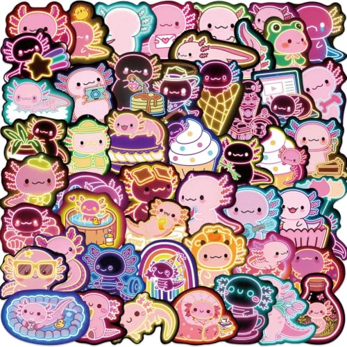 50Pcs Axolotls Stickers for Kids, Cute Neon Axolotls Stickers Pack