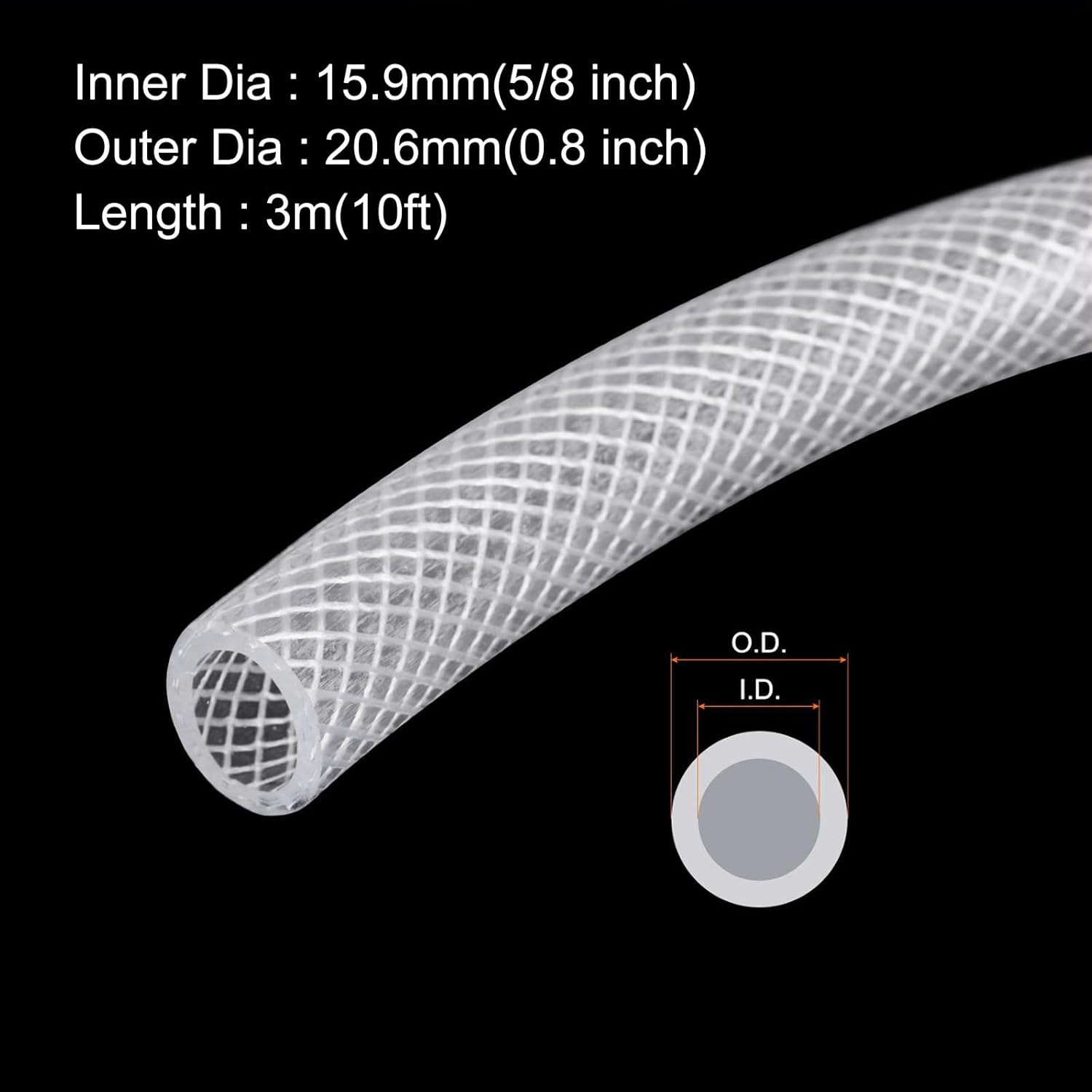 MECCANIXITY Braided Clear PVC Vinyl Tubing 5/8" ID PVC Tube High Pressure Water Hose 10ft for Industrial Tubing, Pump, 15.9mm x 20.6mm, with Clamps