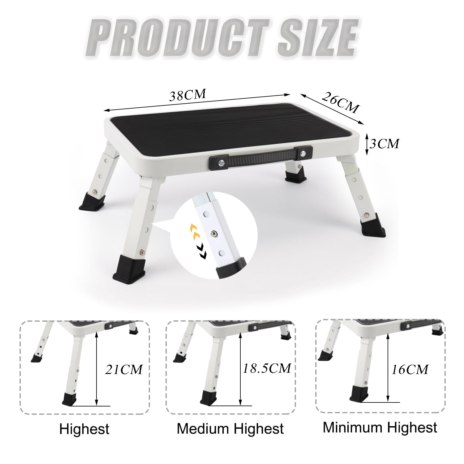Cobenga 3-Level Height Adjustable Folding Step Stool, Anti-Slip Platform, Rubber Feet, Portable One Step Ladder for Caravan Motorhome SUV Camping Bus and Home Footstool with Luminous Film - Image 2