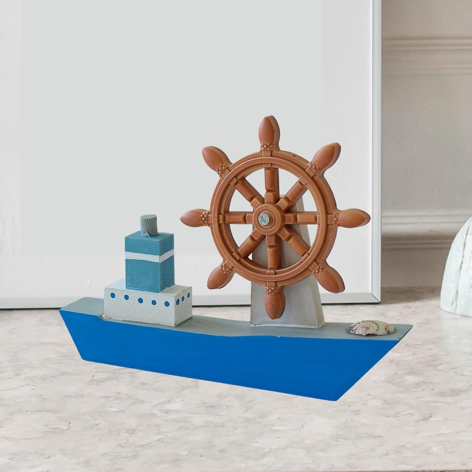 Gralara Maquette de Voilier En Bois, Décoration, Cadeau Nautique, Gouvernail avec Barre à Roue pour Hôtel Ou Ferme, Bleu Clair