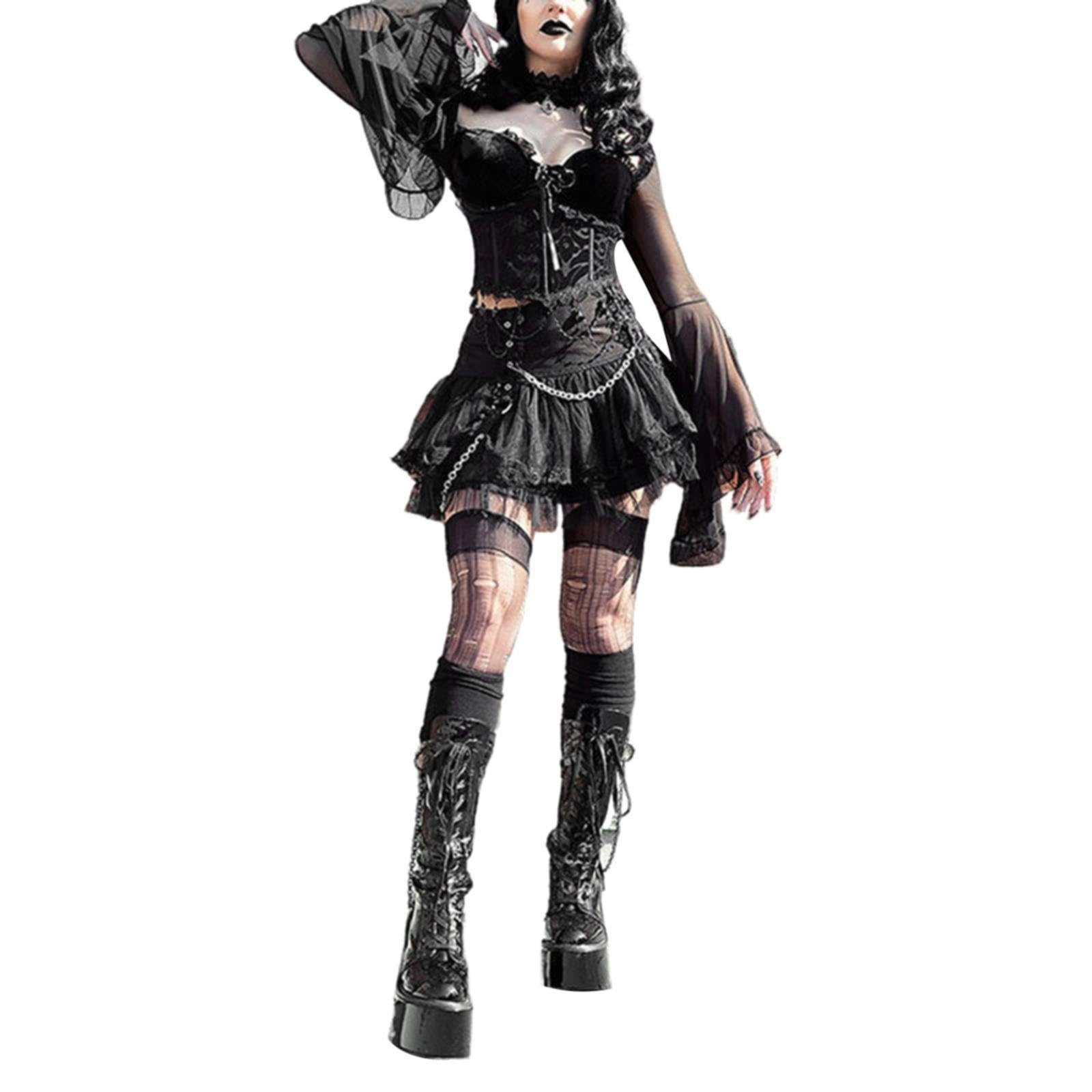 YNIEIAA Disfraz de Halloween para mujer, negro, medieval, gótico, sexy, vintage, vestido de encaje, telaraña, mujer, niña, vampiro, bruja, disfraz para carnaval, Halloween, fiesta de cosplay
