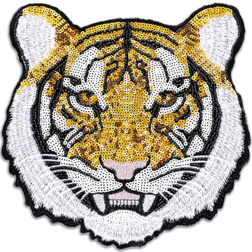 Lyrow 1 Pc Tiger Sequin Patches Iron Clothing Sequin Iron-On Patches Animal Pattern Embroidery Beaded Appliques for Clothing Jeans Jackets for Halloween Event Dress Up