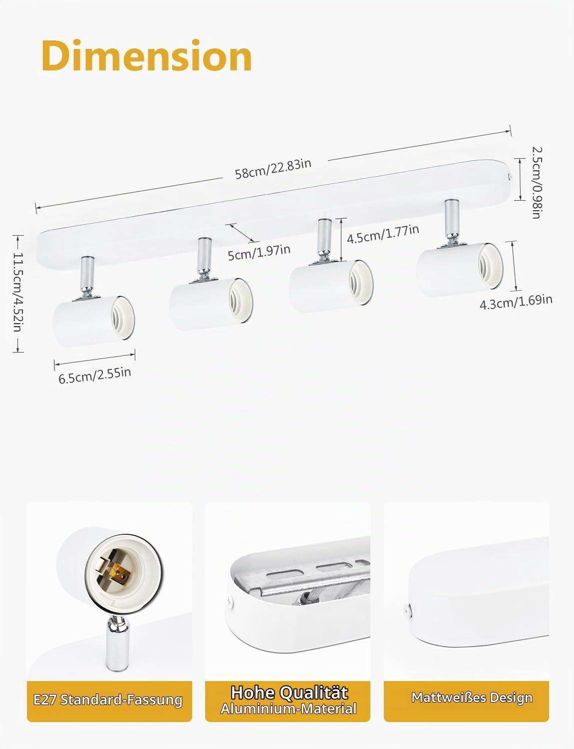 KYOTECH Deckenlampe 4 Flammig E27 Aluminium 350° Schwenkbar Max. 60W