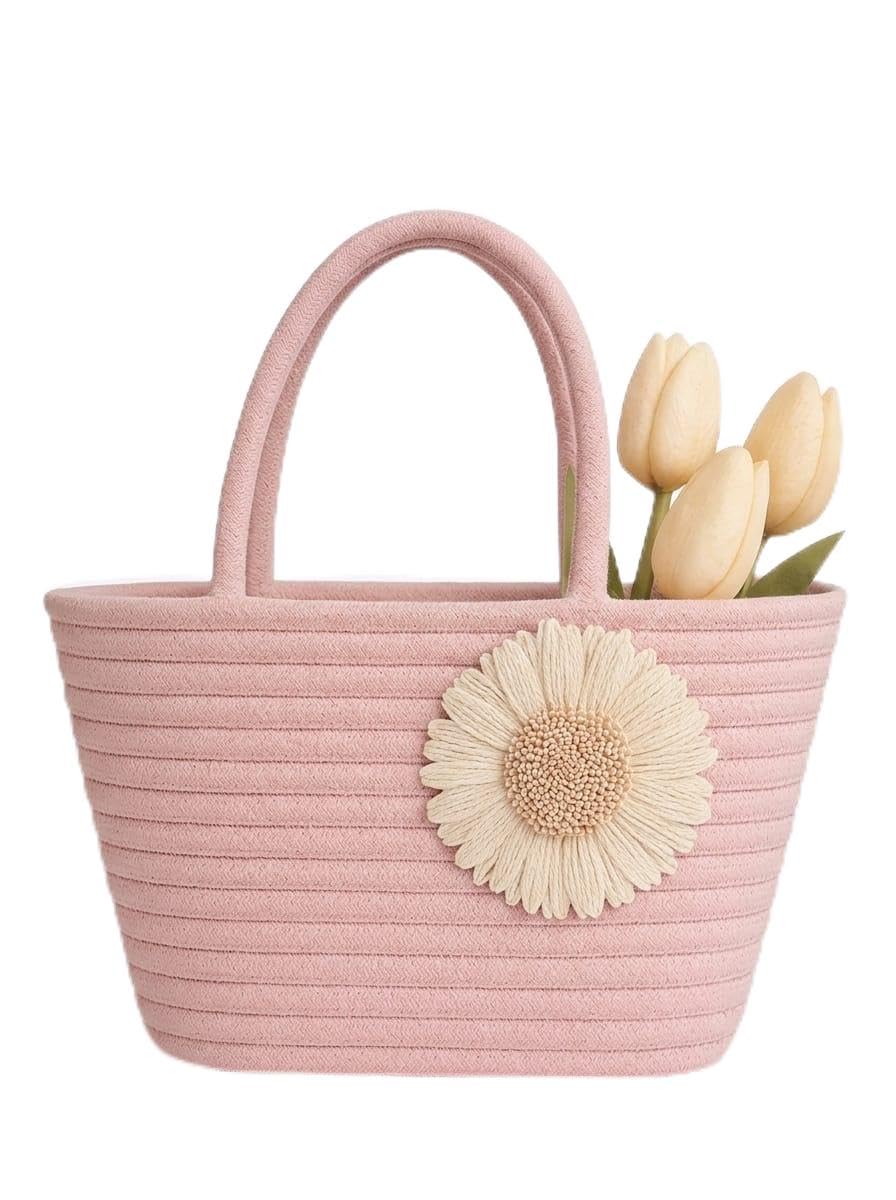 Gowithgreen Straw Beach Bag with Sunflower Design, Woven Rope Handle, Summer Tote Handbag (IVORY)-image-18
