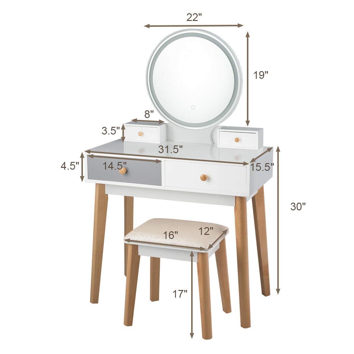 DORTALA Vanity Table Set with Lighted Mirror, Dressing Table Set with 3-Color Touch Screen Dimming Mirror, Girls Dressing Table with 4 Drawers, Suitable for Bedroom, White