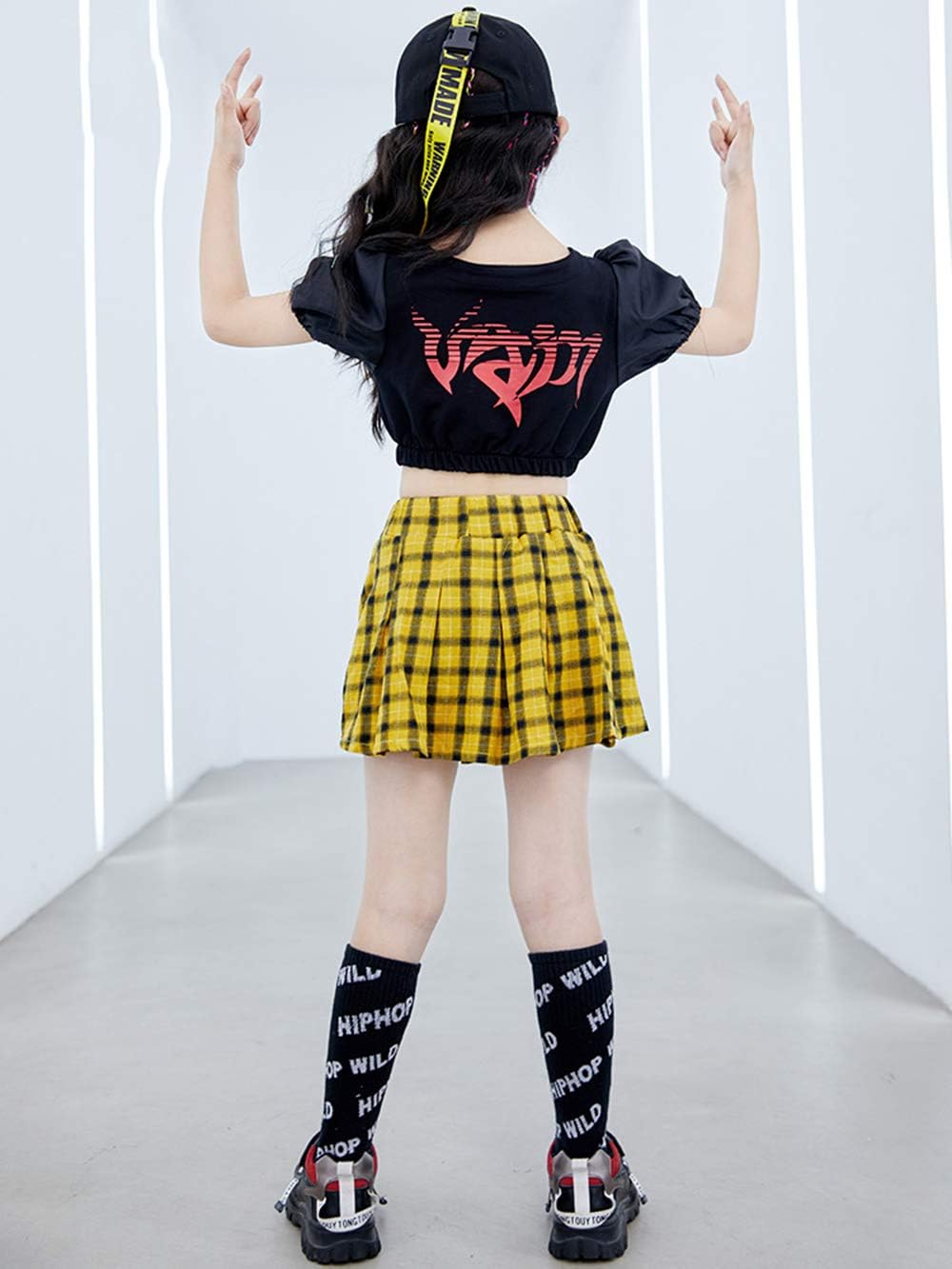 [TRVELBETT] キッズ ダンス衣装 セットアップ ヒップホップ キッズ ダンス衣装 tシャツ＋チェックスカート ショートパン
