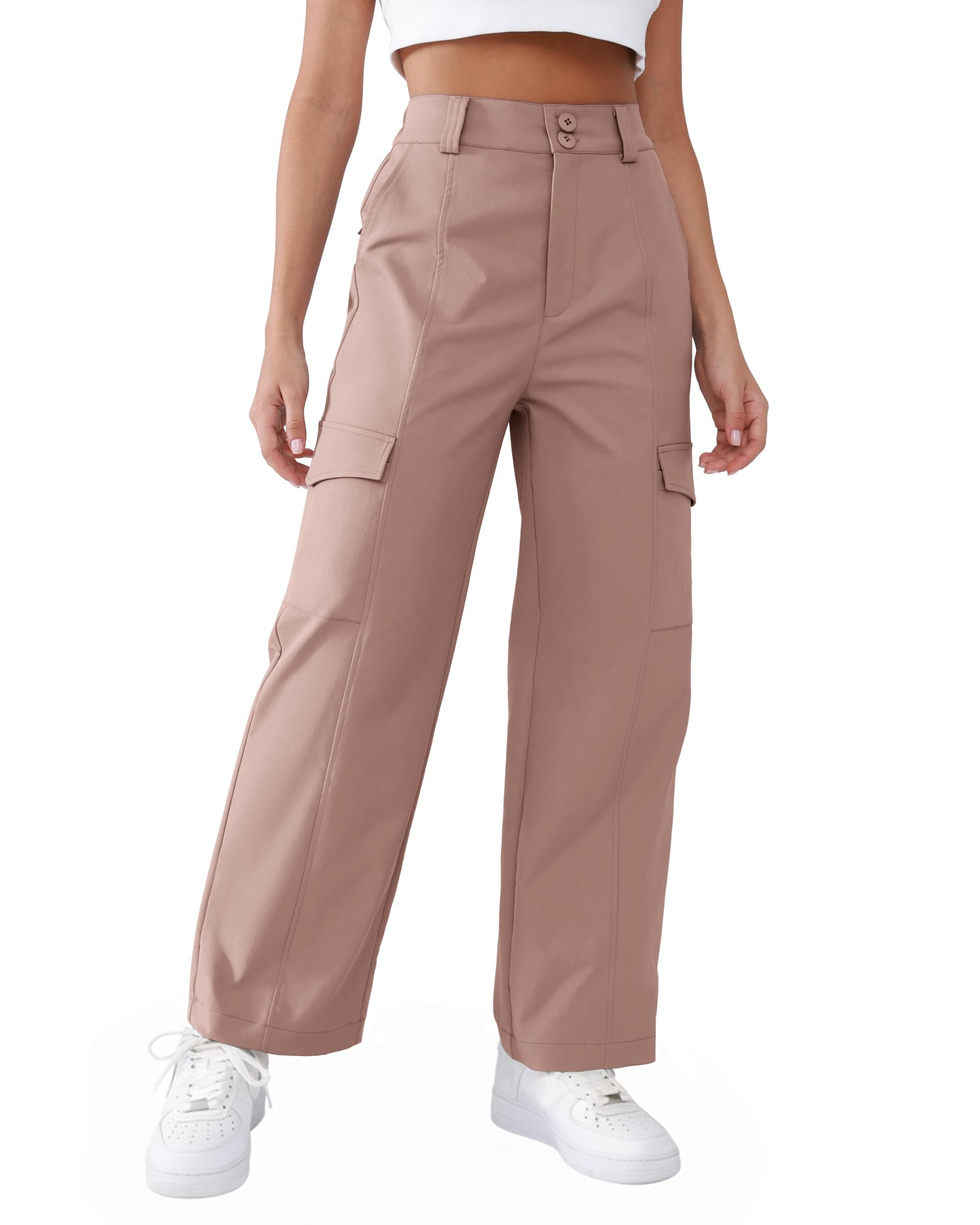 Womens High Waist Cargo Pants Water-Resistant Hiking Casual Wear Elastic Waistband Patchwork Slim Fit
