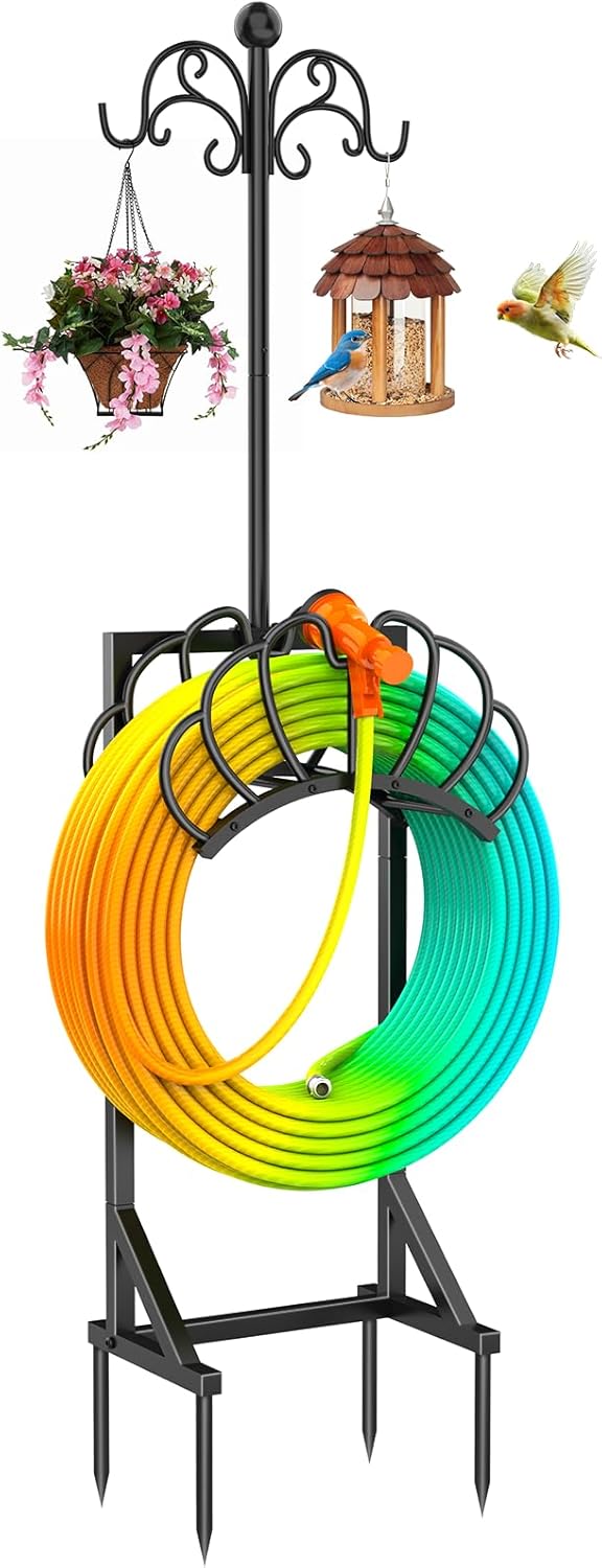 2 In 1 Garden Hose Holder & Heavy Duty Shepherds Hooks Combo | Stores 160 Inch Hose, Freestanding Hose Stand with Double Hooks for Hanging Garden Decor - Perfect for Outdoor Yard, Lawn and Garden