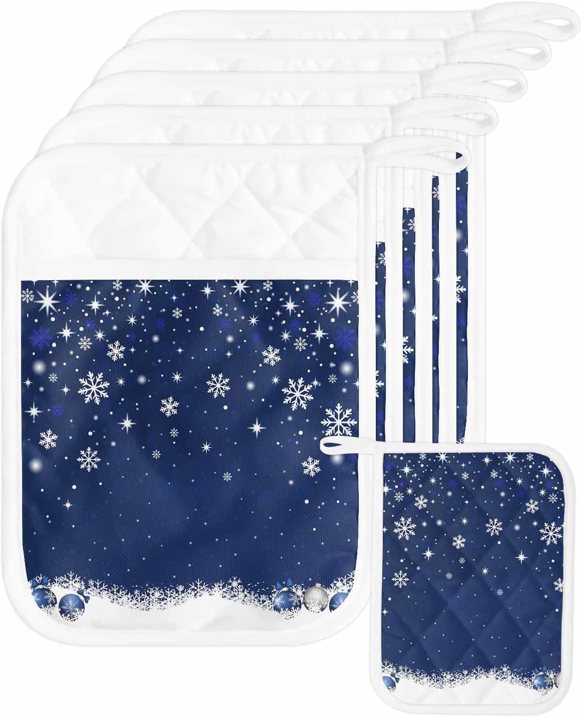 5PCS Pot Holders with Pocket for Kitchen, Grey Christmas Pot Holder Set Heat Insulation Potholders, Xmas Snowflake Ball Winter Snowflake Oven Mitts Hot Pads for Baking Cooking Barbecue