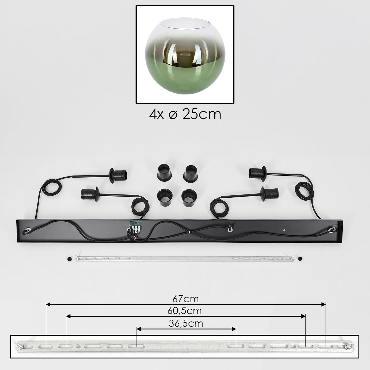 HOFSTEIN Hängeleuchte Koyoto, 4-flammige Hängelampe aus Metall/Glas in Schwarz/Grün/Klar, moderne Pendelleuchte im Retro/Vintage-Design (Schirme Ø 25 cm), E27, Esszimmer, Küche, Wohnzimmer