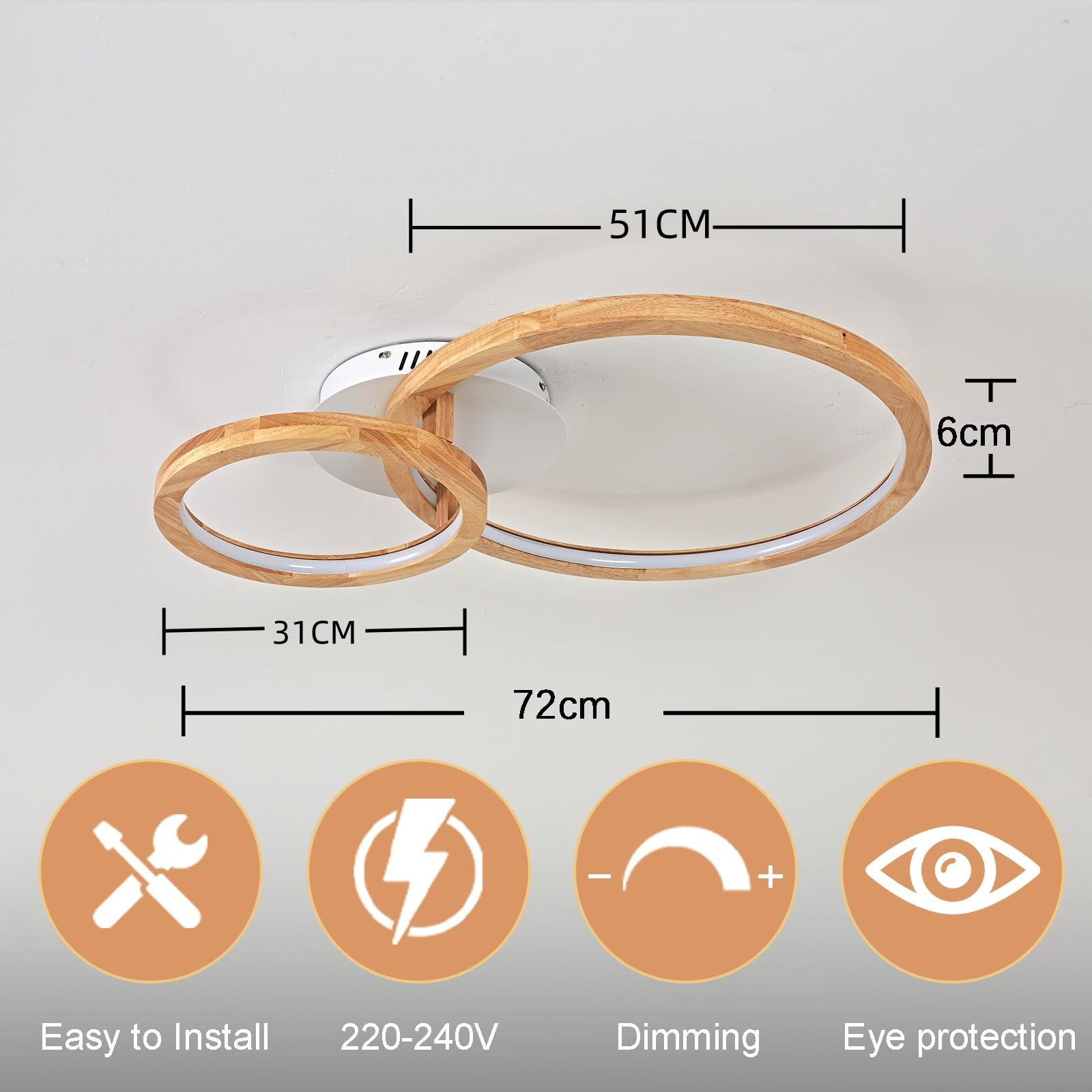 Lámpara de techo de madera, 24 W, regulable, 3000 – 6000 K, para dormitorio, salón, cocina, comedor, pasillo, casa, oficina, niño, diámetro de 40 cm | Araña de madera,Para habitación,Salón,Cocina,Comedor,Pasillo,Casa,Oficina,