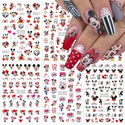 Cute Nail Art Stickers 6 Sheets - 3D Self Adhesive Cartoon Nail Decals for Valentine's Day - Heart Kawaii Charms for Women Girls - Nail Decoration Supplies