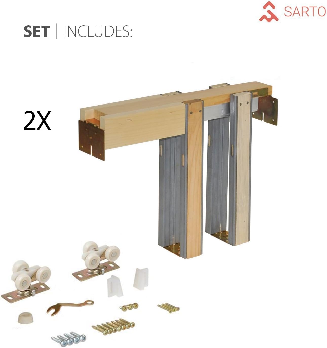 SARTODOORS Lite Double Pocket Frosted Glass Doors 56x96 | Planum 2102 White Silk | Pocket Frame Trims Pulls Rail Hardware | Bedroom Bathroom Solid Wooded Interior Sliding Door Opaque Glass