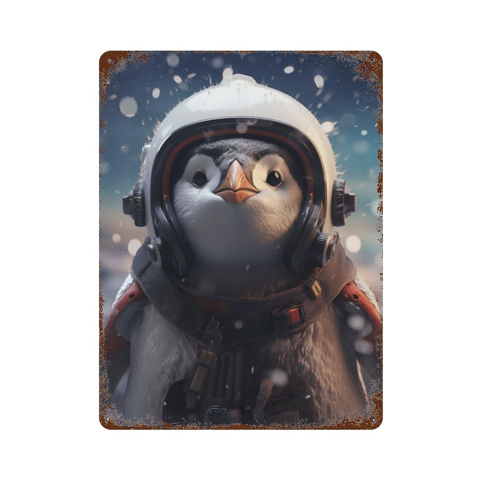 Weathered Tin Sign Cute Astronaut Penguin 15.7"x11.8", Rustic Home Decor for Bistro, Counter And Cafe Decor