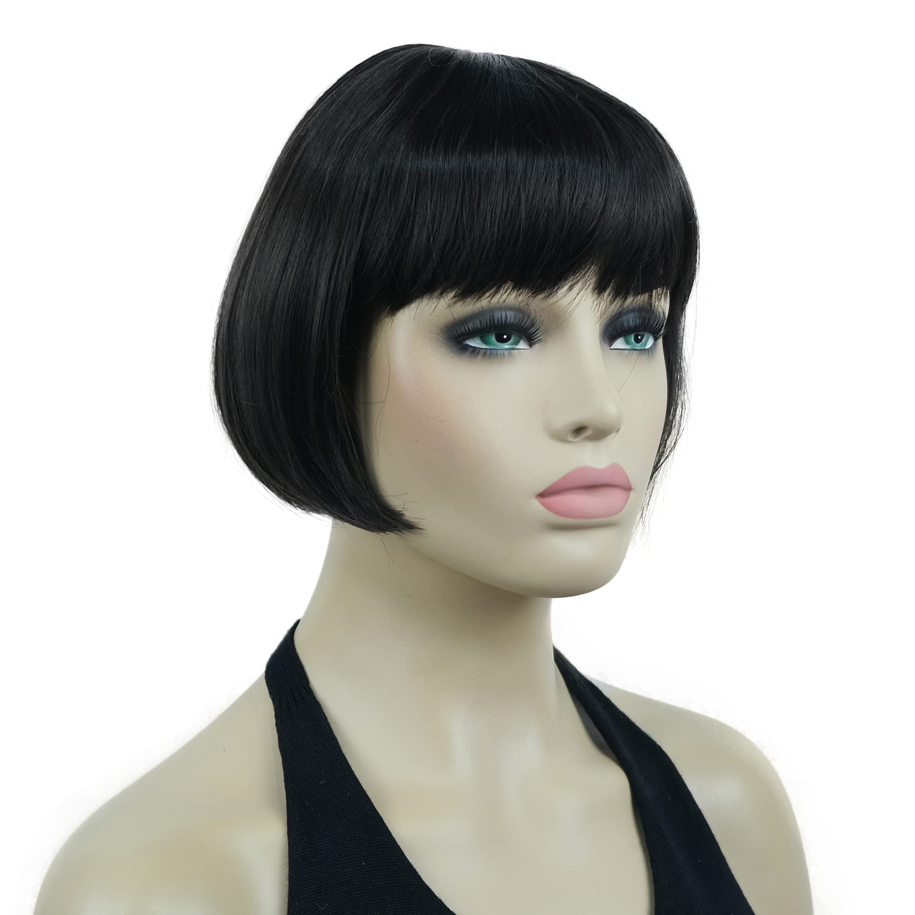Lydell 6" Straight Short Bob Hair Flat Bangs Cute Central Dot Skin Top Heat Resistant Synthetic Wigs (Dark Brown) - Image 2
