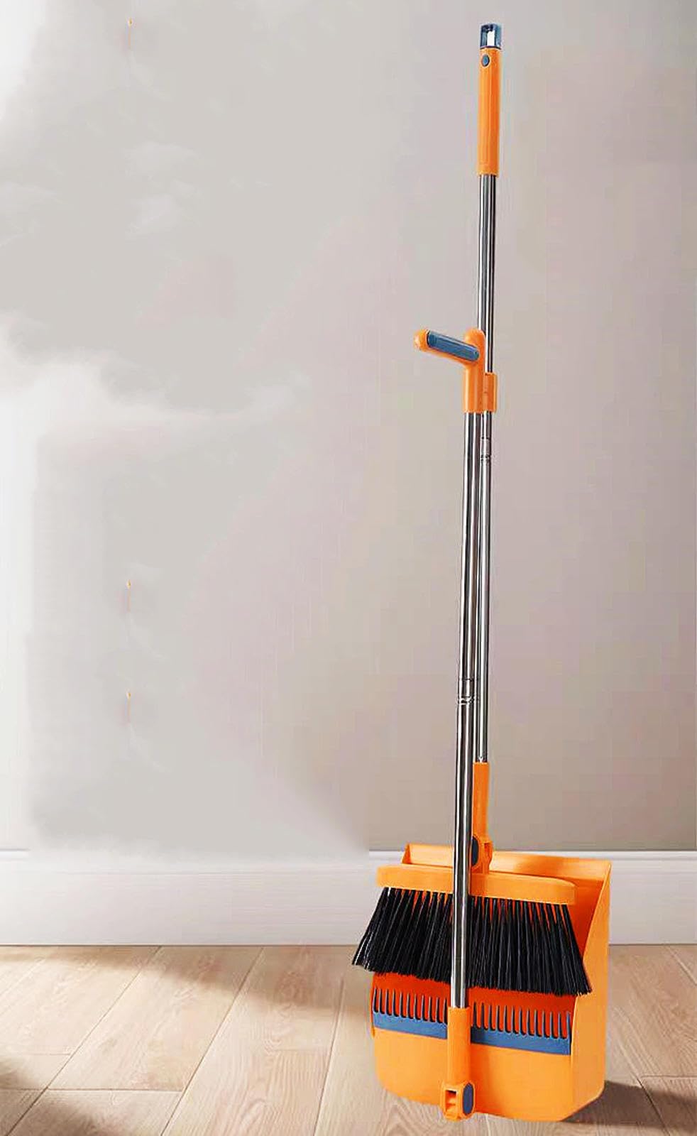 NIBHZ Ensemble Balai et Pelle à Poussière, Poteaux Légers en Acier Inoxydable, Pelles à Poussière Verticales avec Balai Combiné pour La Maison, La Cuisine, Le Bureau, Les Poils de Chien,Orange