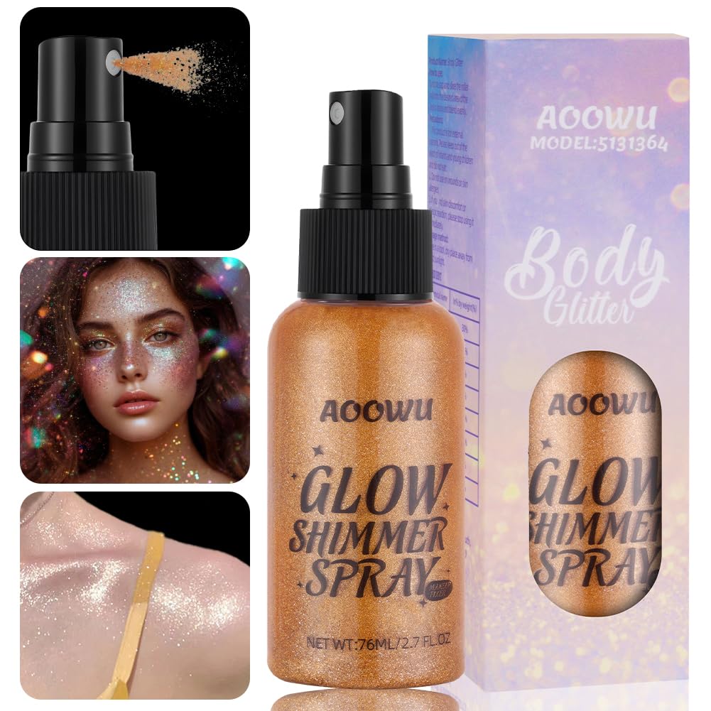 AOOWU Brokatowy spray w proszku, brokat do ciała, brokatowy spray, spray rozjaśniający skórę, migoczący puder do twarzy, ciała, włosów, Halloween, ślub, karnawał, impreza, 01