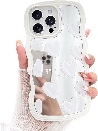 LSL Case for iPhone 16 Pro Max Glossy Mirror White Hearts Pattern | Protective Cover Slim Lightweight Trendy Design for Women & Girls Curly Wave Edge