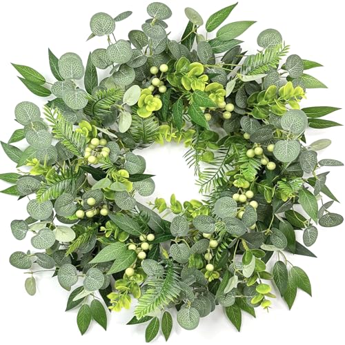 Eucalyptus Wreath 20 Inch Green Spring Summer Wreaths for Front Door Artificial Greenery Boxwood Fern Indoor Outdoor Decoration for Farmhouse Porch Window Wall All Season Office Home Decor