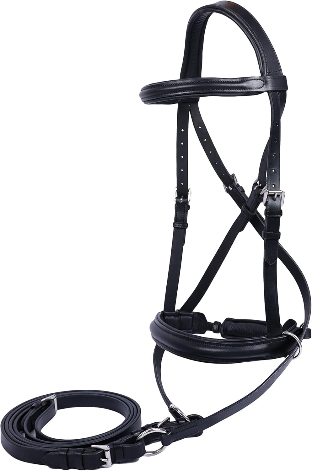 Wonder Care Genuine English Leather Crossover Crossunder Bitless Bridle for Horse Headstall with Reins, Black, Xtra-Large