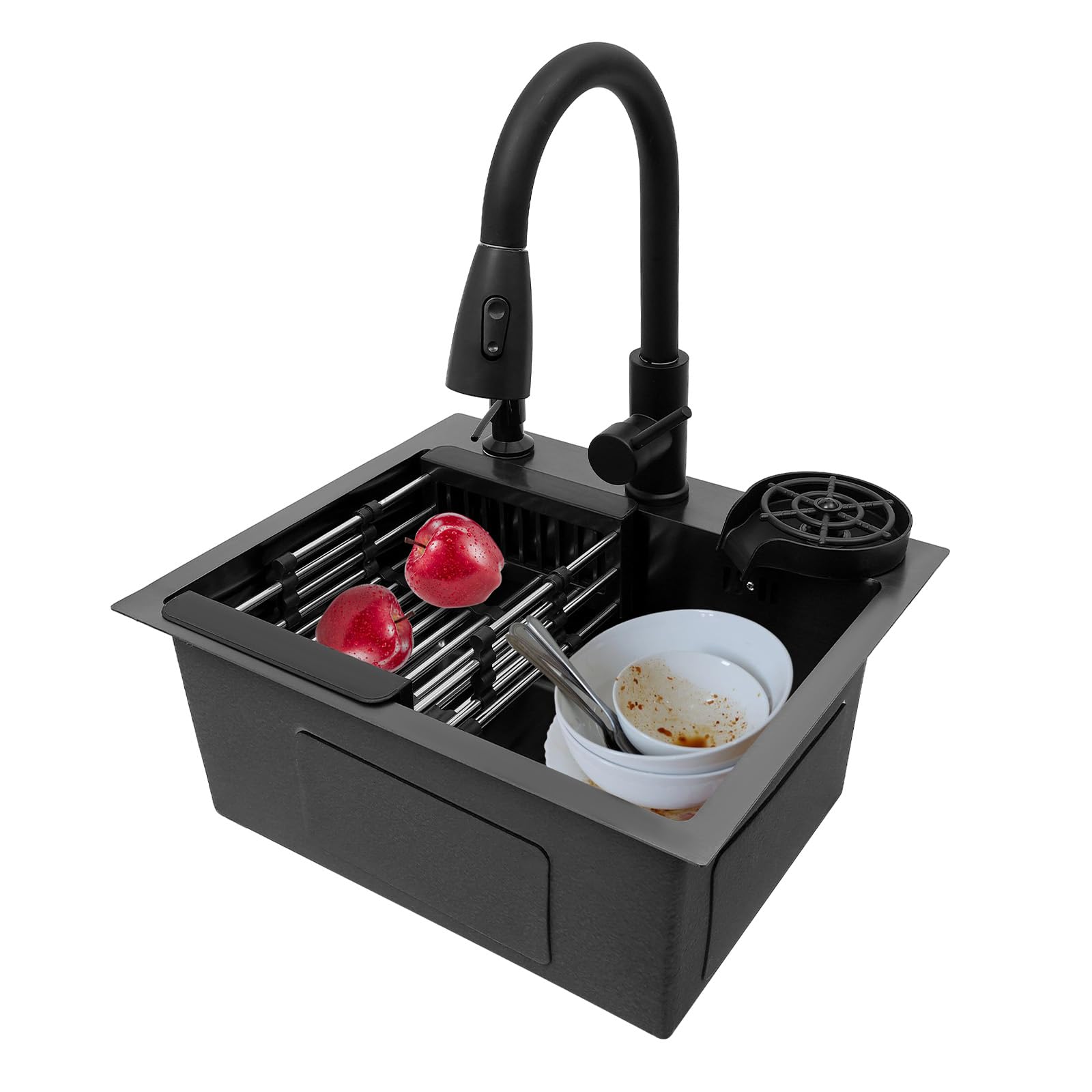 Fregadero negro, 45 x 40 cm, fregadero de cocina con sistema de lavado de tazas, grifo extensible, escurridor, dispensador de jabón, para cocinas, restaurantes, cafeterías, bares, hoteles