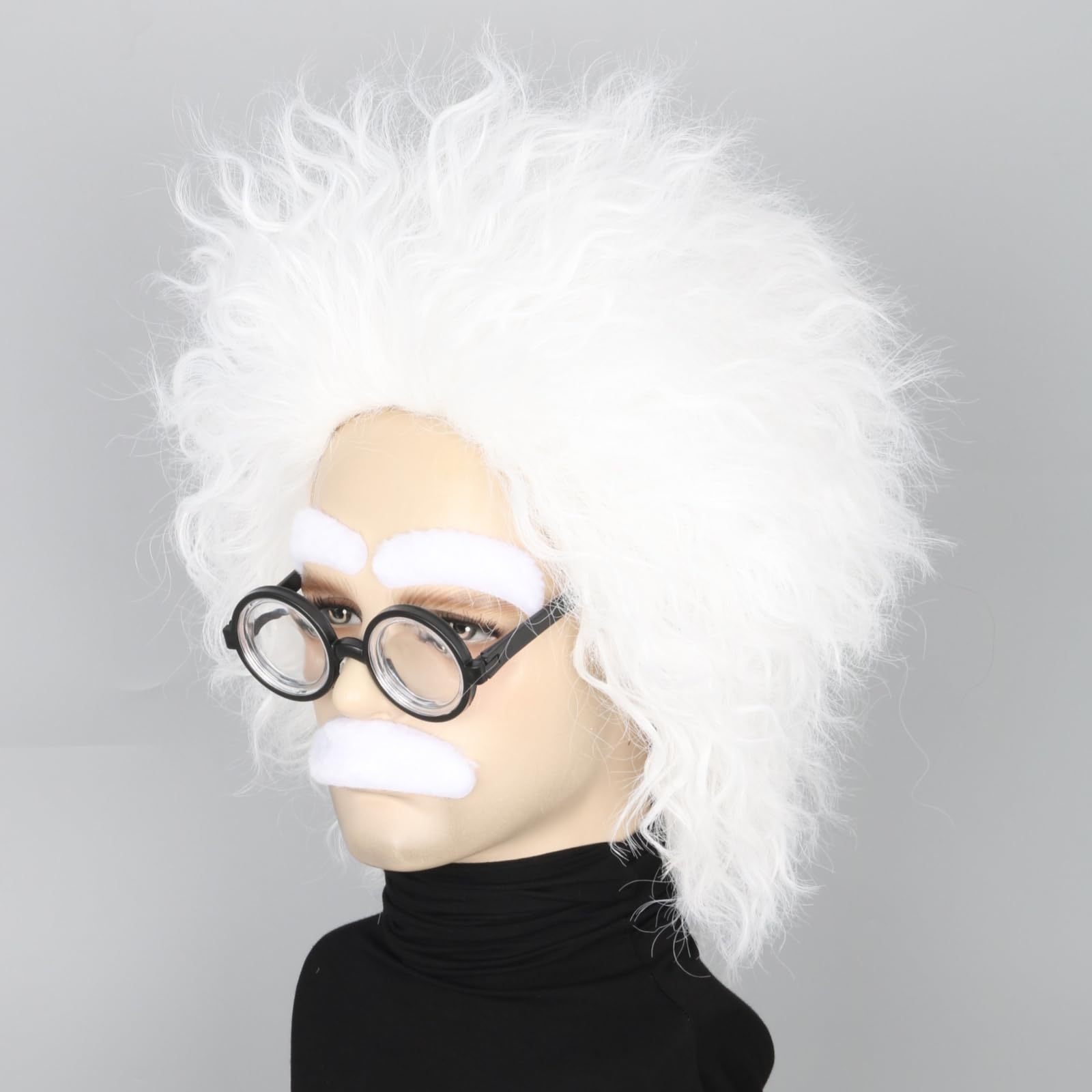 Topcosplay 4 pcs Crazy Scientist Wig and Mustache Glasses Eyebrows Mens White Short Wig Professor Old Man Grandpa Wigs (White) - Image 3