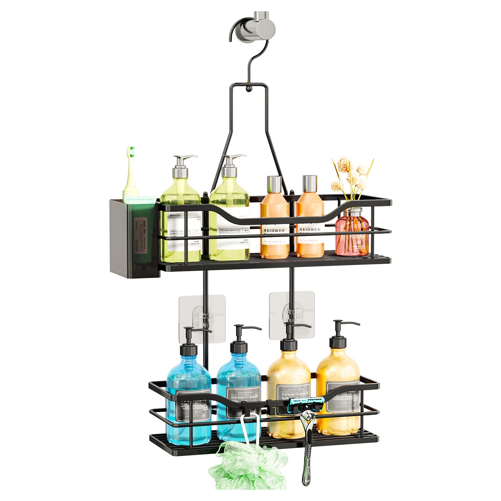SWTYMIKI Shower Caddy Hanging Organiser- 2-Tier No Drill Shower Organiser with 360ยฐ Rotating Hook, Rustproof Stainless Steel Bathroom Shower Storage Shelf for Shampoo, Conditioner, Toiletries