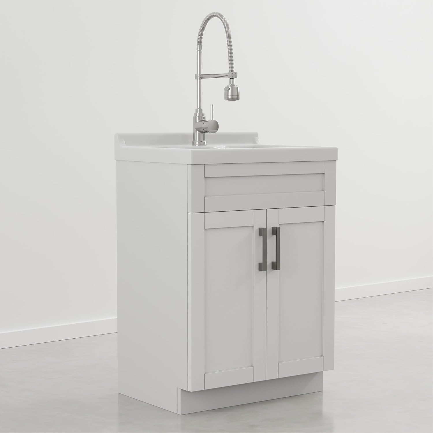 SIMPLIHOME Hennessy All-in-One 24 inch Wide Utility Sink and Laundry Cabinet in Glacier White Finish, Transitional ABS Sink Cabinet for Laundry Rooms with High-Arch Chrome Faucet and Pull-Out Spray