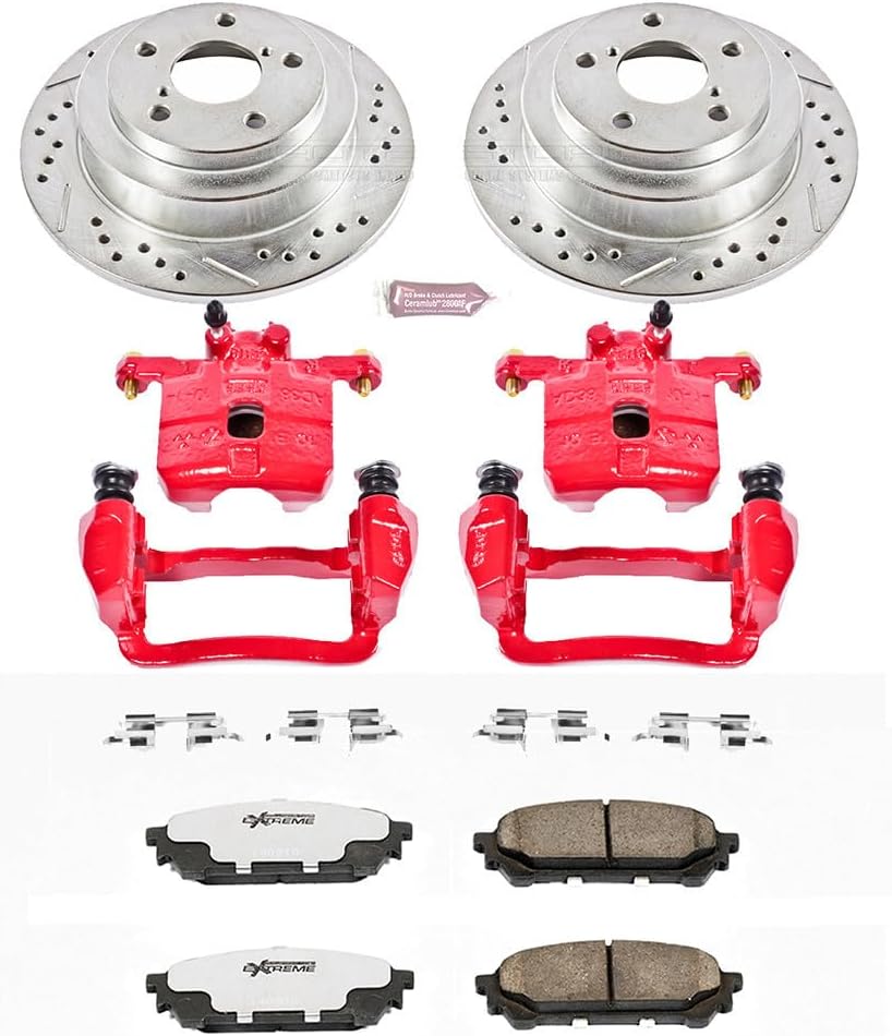 PowerStop Front Brake & Caliper Kit for Honda Civic 2001-05 - Drilled & Slotted Disc Rotors + Carbon-Fiber Ceramic Brake Pads + Red-Powder Coated Calipers, KC690A-26