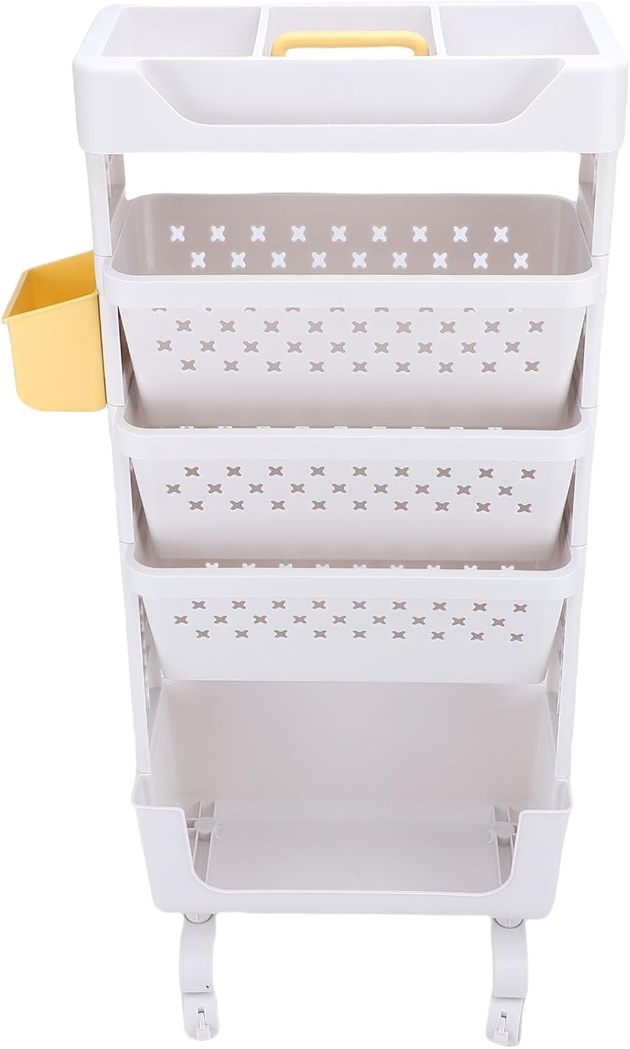 Focket Rolling Book Cart, 5 Tier Storage Cart with Lockable Wheels, Utility with Cup Holder and Divided Top Shelf for Home Office Classroom and Library (White)