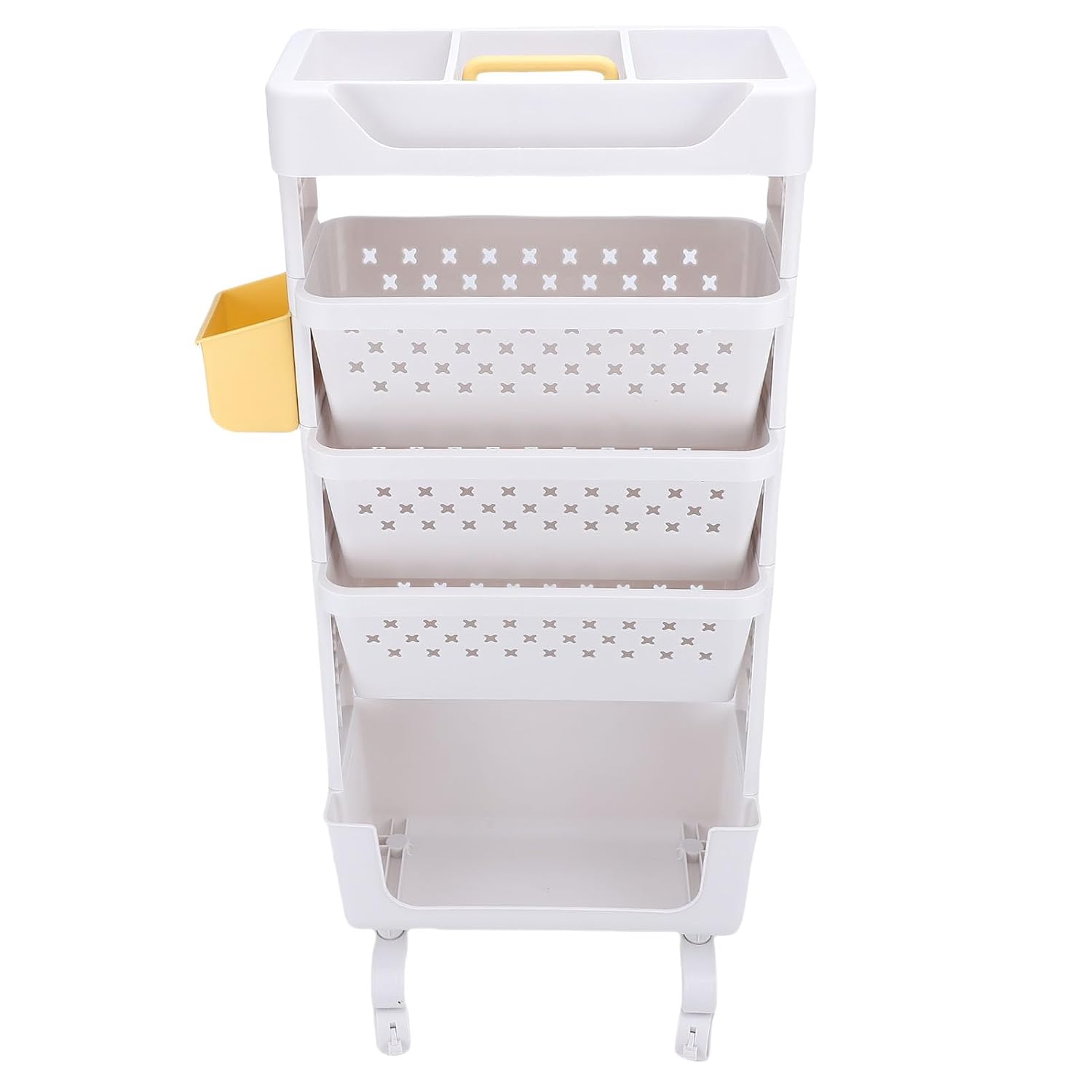 5-Tier Rolling Book Cart Movable Book Rack Portable Bookshelf with Lockable Wheels Cup Holder for Home Office School Library (White)
