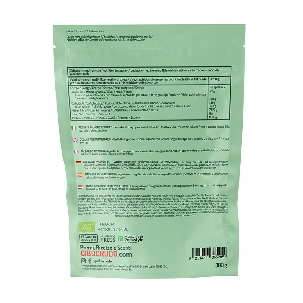 Reishi Ganoderma Lucidum Puro e Bio in Polvere - 300g. Fungo Reishi Biologico Essiccato al Sole e Macinato a Basse Temperature. Funghi medicinali Fonte di Antiossidanti, Fungo Cinese Reishi