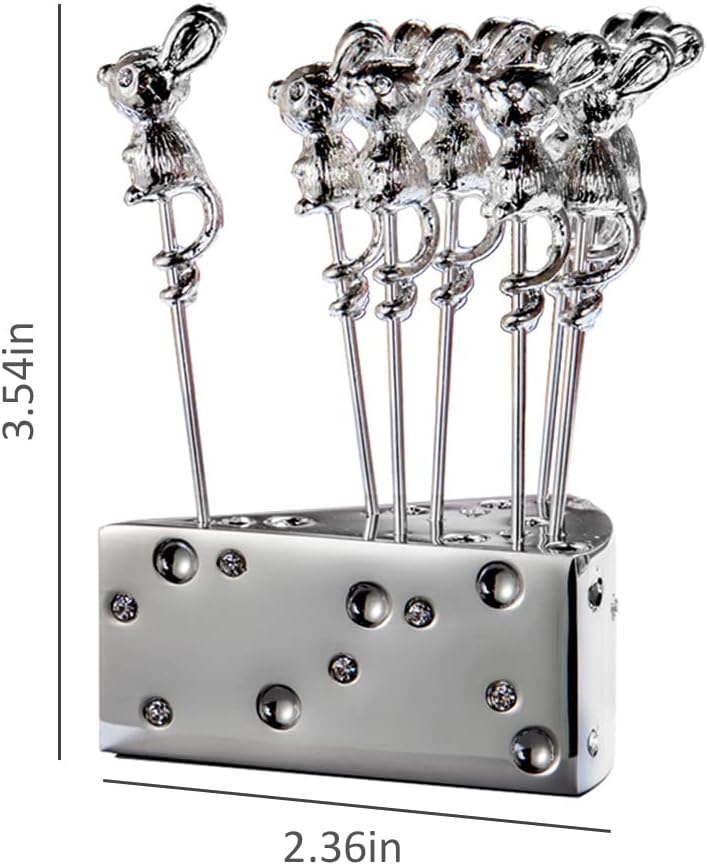 WAYUTO 8 Pcs Mouse Shaped Cocktail Picks with Cheese Holder Stainless Steel Martini Picks Reusable Toothpicks Fruit Picks for Olives Appetizers Sandwich Fruit Hyaline Stone