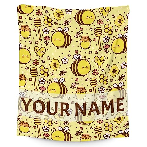 Personalized Bee Blanket Gifts, 60"x80" Cute Throw for Women Girls, Soft Cozy Warm Flannel Blanket for Sofa Bed