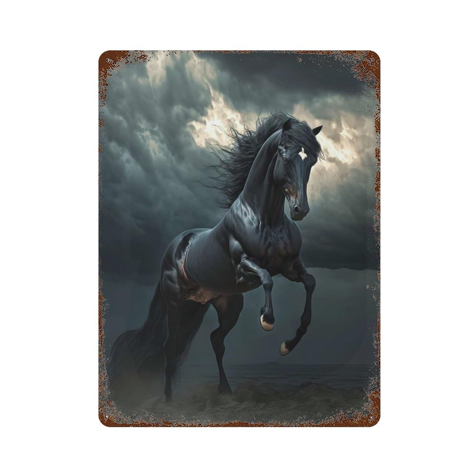 Garage Style Black Wild Horse in Storm Aged Metal Wall Plaque 15.7"x11.8", Farmhouse Wall Decor for Bar And Workshop