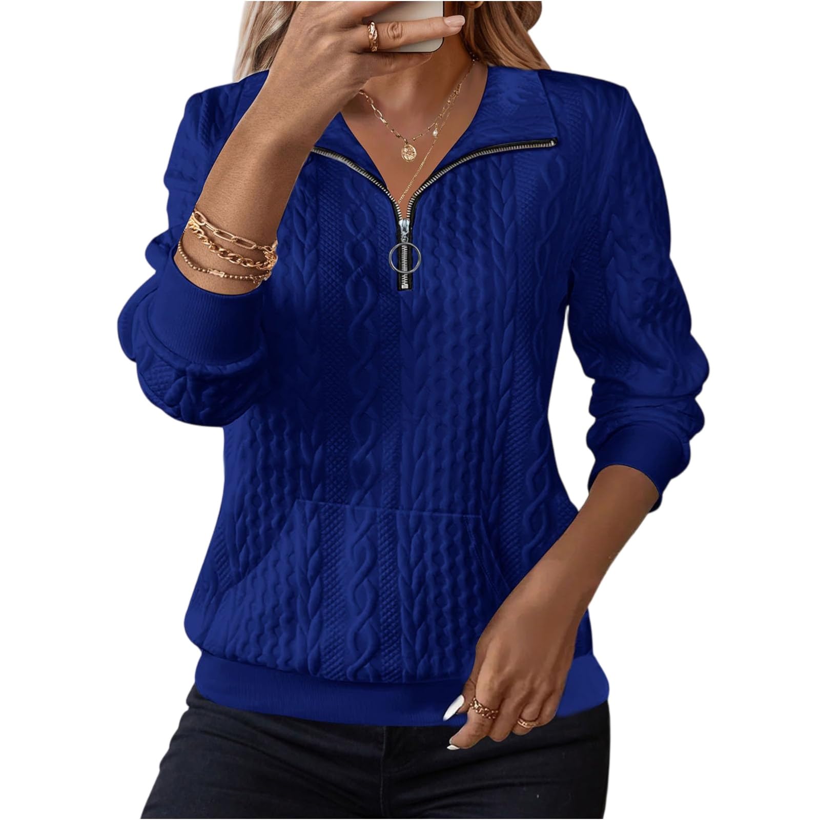Womens Quarter Zip Pullover Collared Textured Sweatshirt Casual Half Zip Sweater Plain Long Sleeve Sweat Shirts