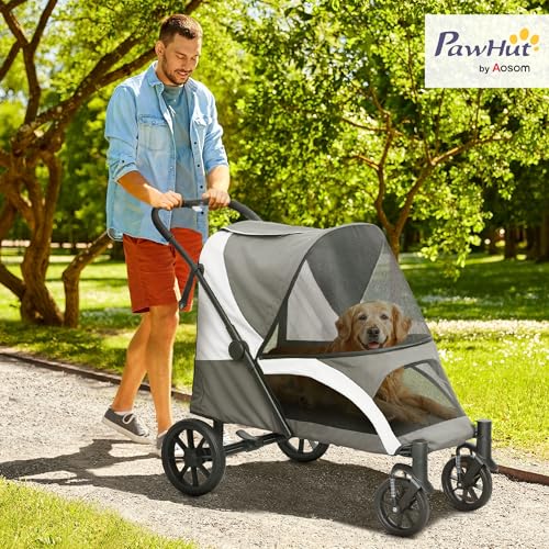 PawHut Hundewagen Hundebuggy klappbar für große Hunde & Katzen bis 30 kg Katzenbuggy mit Kissen Netzfenstern Türen Aufbewahrungstasche Katzenwagen Buggy Dunkelgrau