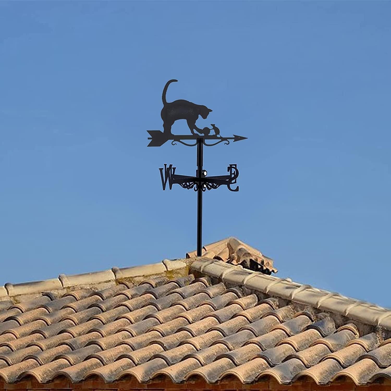 Weathervane Stainless Steel Spray Paint Outdoor Roof Farm Yard Garden Decoration Iron Wind Vane Direction Sign Wrought Mount Farmhouse (Cat and Mouse)