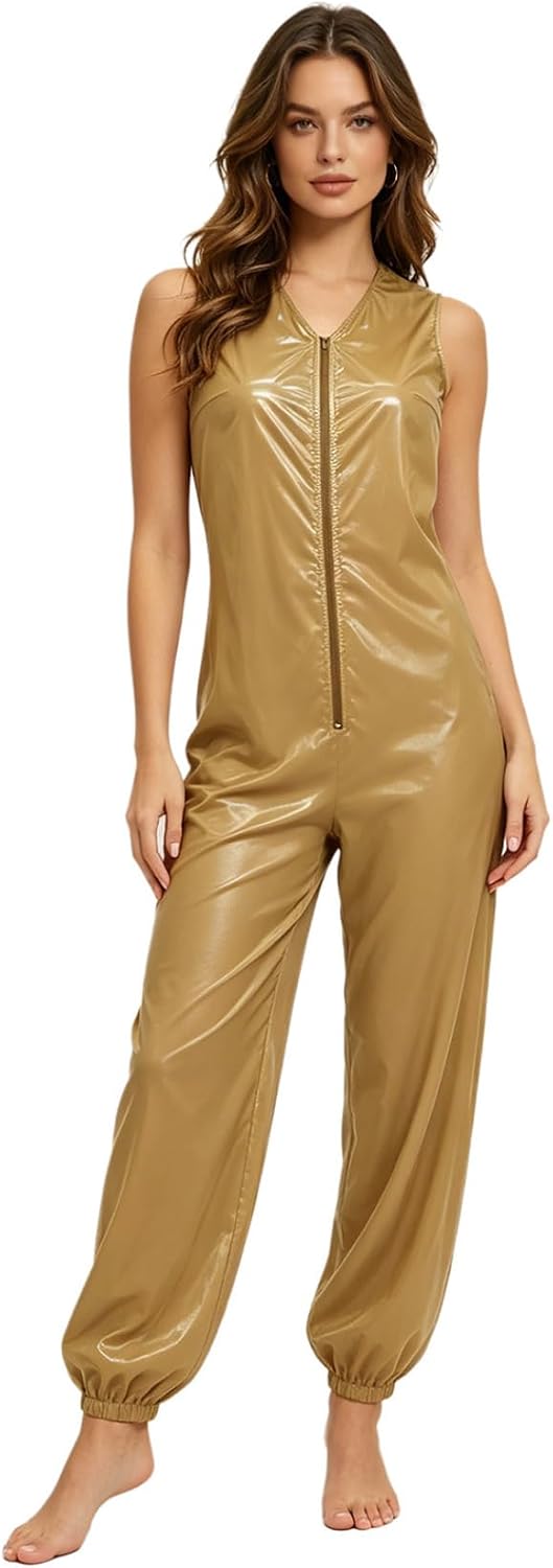 Jugaoge Adult Women Men Waterproof PVC Sleeveless Jumpsuit Diaper Cover Front Zipper Mechanic Coveralls Adaptive Bodysuit