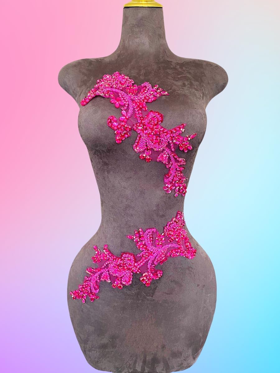 Handmade Rhinestones on Lace Applique Trim Sewing Beads Sequins Trim Patches for Wedding Dress Accessories 1Pair/Bag (Rose red)