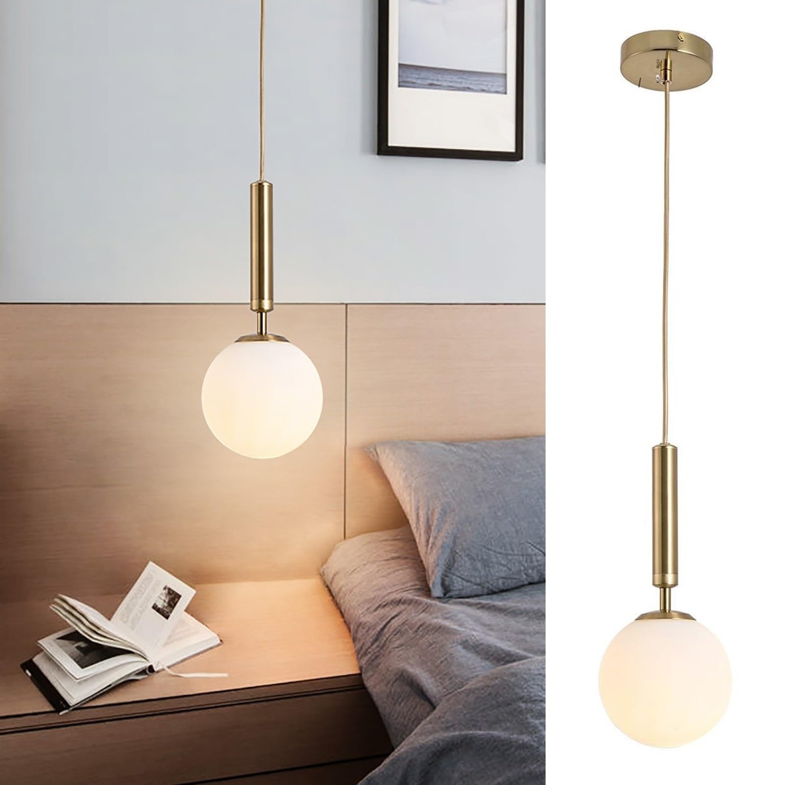 Modern Globe Kitchen Island Pendant Lighting, Ceiling Lamp, White Frosted Glass Globe Shade / Glass Lampshade in Water Ripple, Industrial Vintage Spherical Ceiling Hanging Lamp ( Color : A-gold , Size