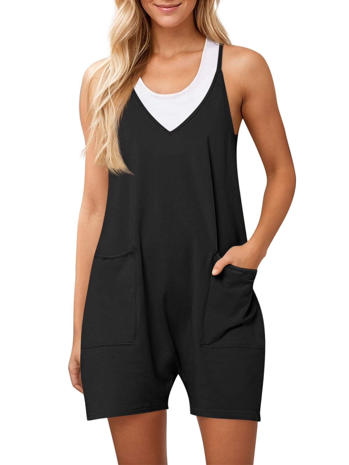 Ebifin Dames tuinbroek korte werkbroek zomer losse overall jumpsuit mouwloze tuinbroek met grote zakken., donkergrijs, XL