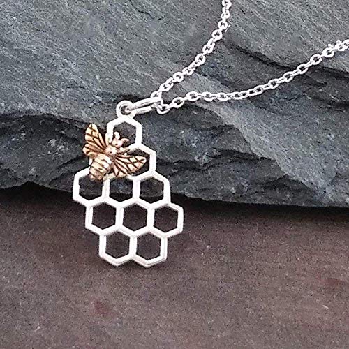 Honeycomb Charm with Bronze Bee Necklace Sterling Silver, 18"