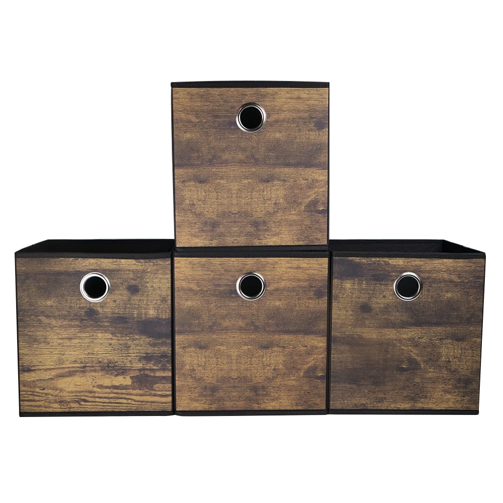 Folzaelar 4 Pack Durable Storage Cube Bins with Wood Grain,Thickened Fabric Box,Storage Baskets for Open Shelf,Bookcase,Closet,Storeroom,Bedroom,