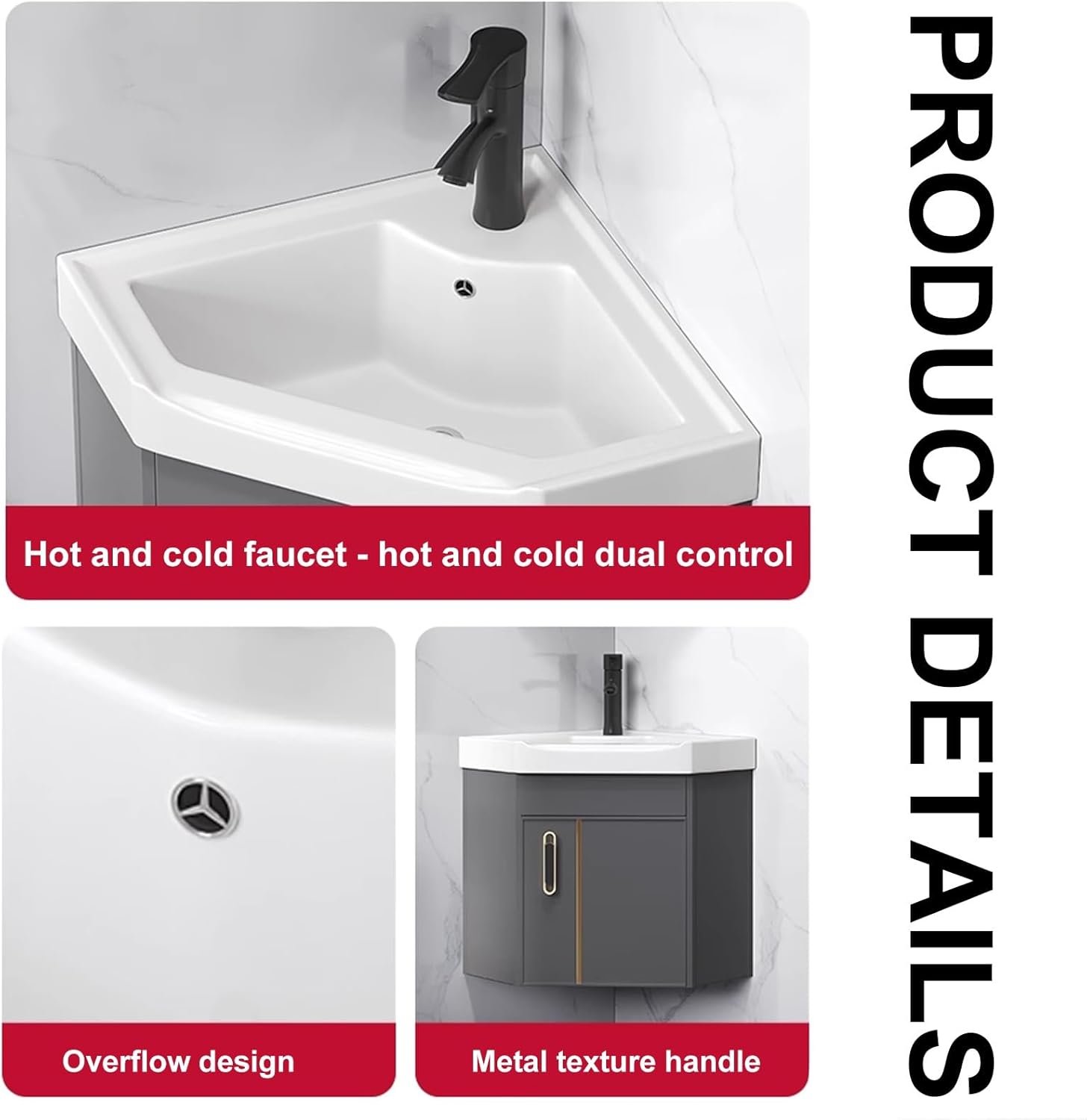 Corner Bathroom Vanity, Corner Vanity Cabinet with Ceramic Sink & Anti-Fog LED Mirror Cabinet, Small Bathroom Vanity, Wall Mounted Bathroom Vanity Sink Set for Small Space(White,43cm/16)