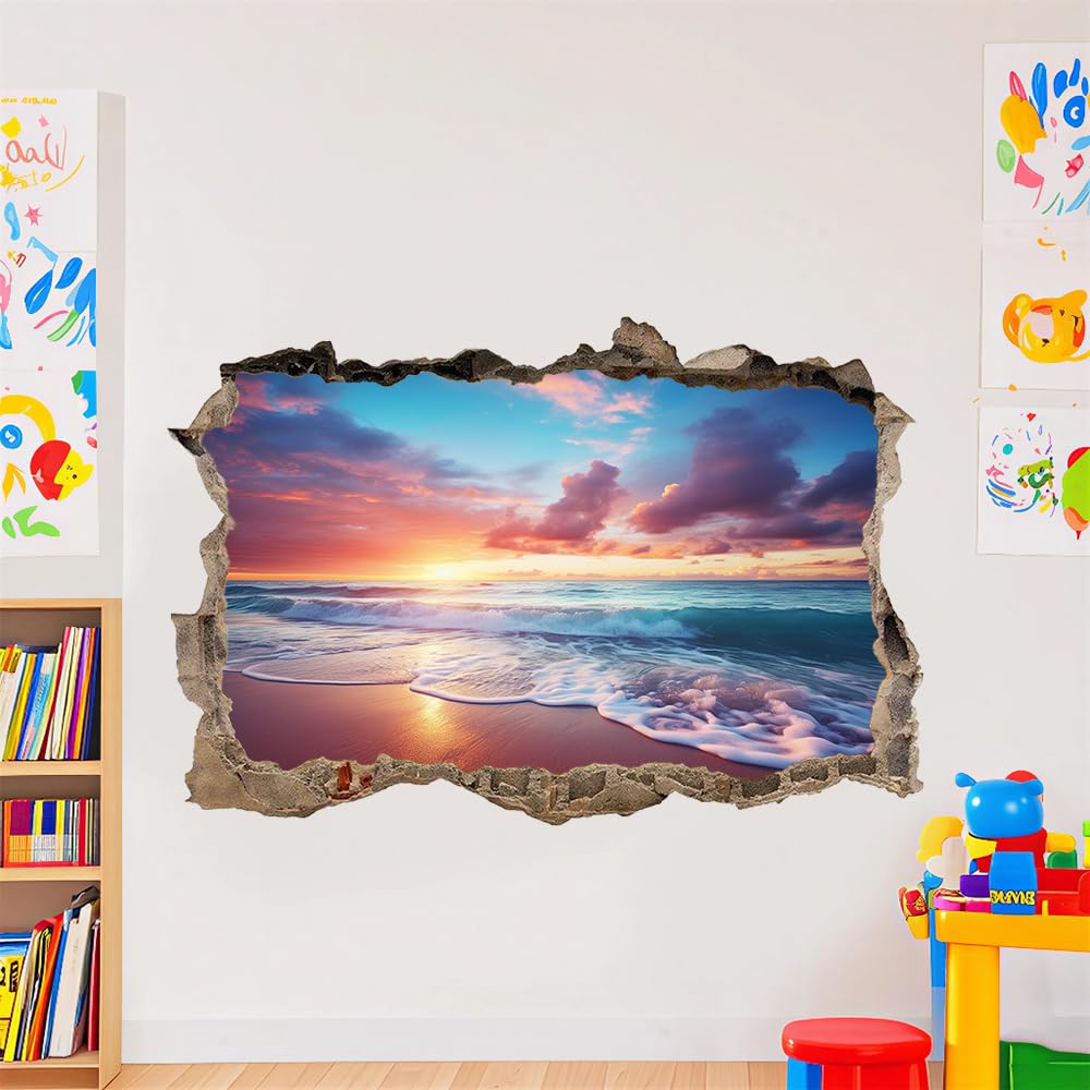 Wandtattoo 3D Durchbruch Sonnenuntergang Am Strand Wandsticker Wanddekoration selbstklebend Landschaft Wandaufkleber Deko Schlafzimmer Wohnzimmer Kinderzimmer Kunst Wohnkultur Wandbilder