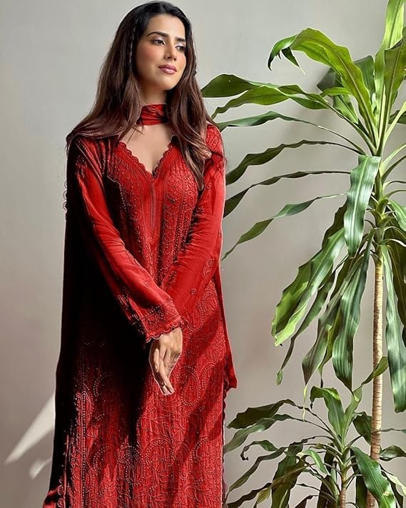 Image of Women Embroidered Straight Kurti with Palazzo And Dupatta Set | Elegant Ethnic Wear Kurta Set | V-Neck Long Sleeve Kurti | Stylish Casual, Festive & Wear for Women