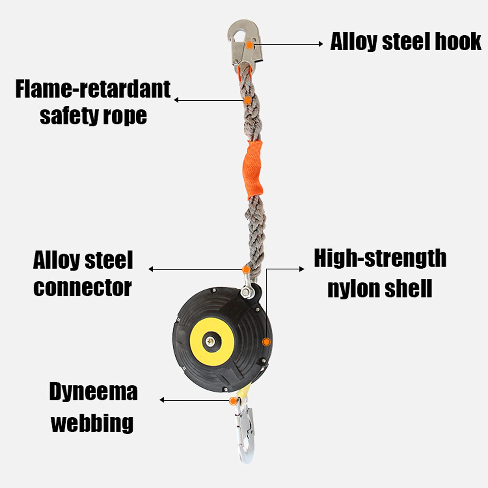 Dispositivo Anticaídas Retráctil de Cable, Arnes de Seguridad Anticaídas Retráctil con Gancho y Cincha de Dyneema, 5-20m, Equipo de Protección Personal para Andamio Construcción a Gran Altitud