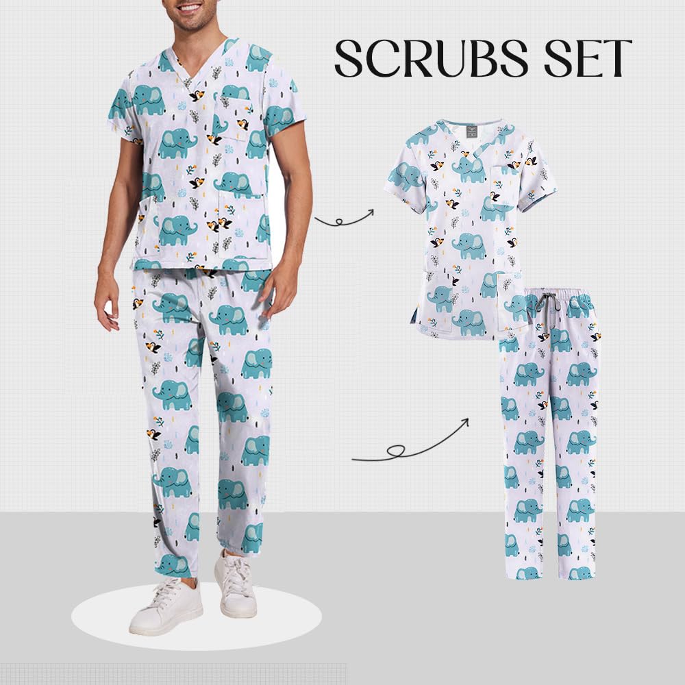 ThreeH Set da Chirurgo Ospedaliero Divisa Medica Elasticizzata con Scollo a V e Pantaloni Jogging Lavabile Tasche Multiple
