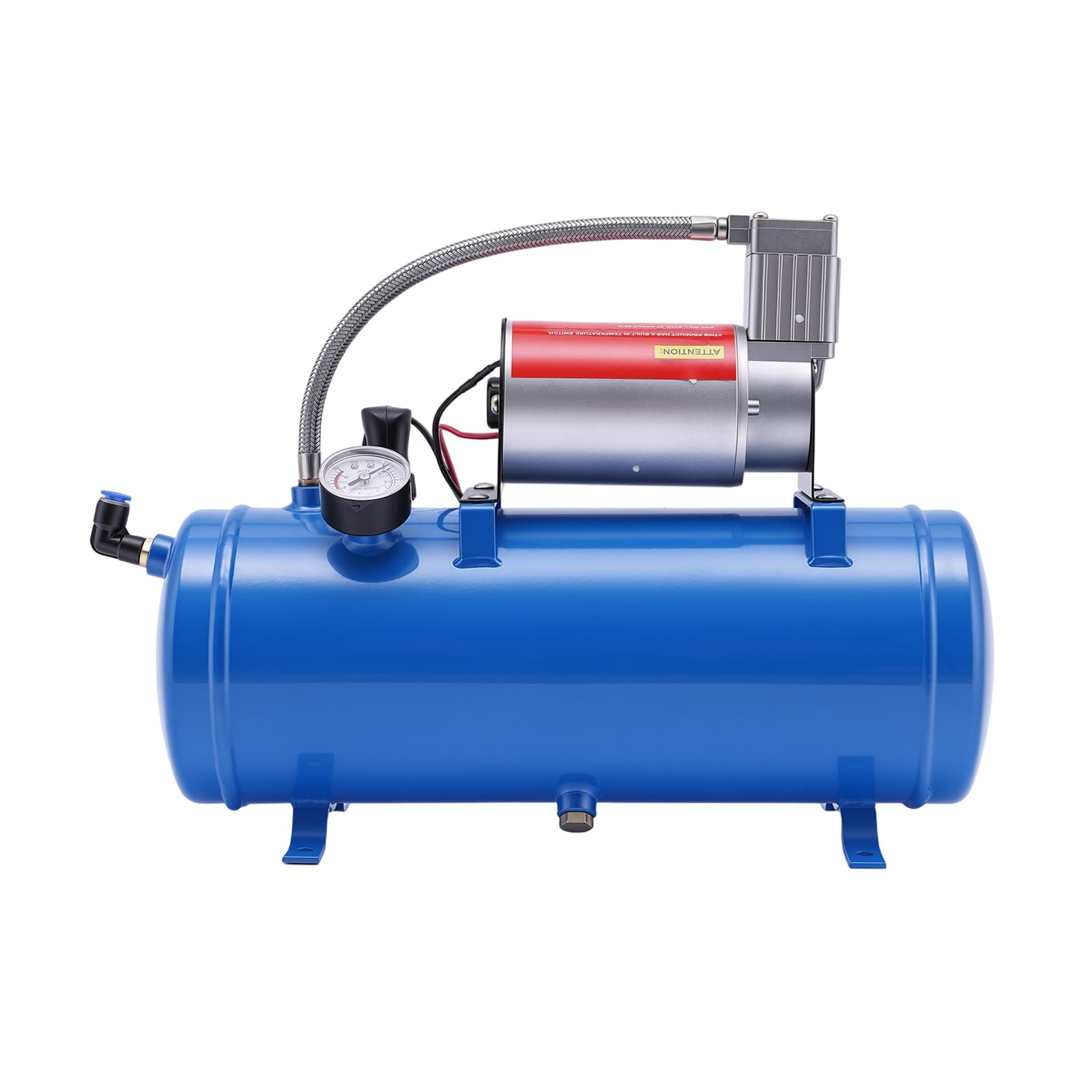 Compressore aria 12V con serbatoio 6L, Gonfiatore Pneumatici Auto Portatile Pressione 100 PSI, Pompa Elettrico Tubo 3,8m Metallo Rame Alluminio, per Auto Moto Bicicletta Barca, 38X14X30CM Blu
